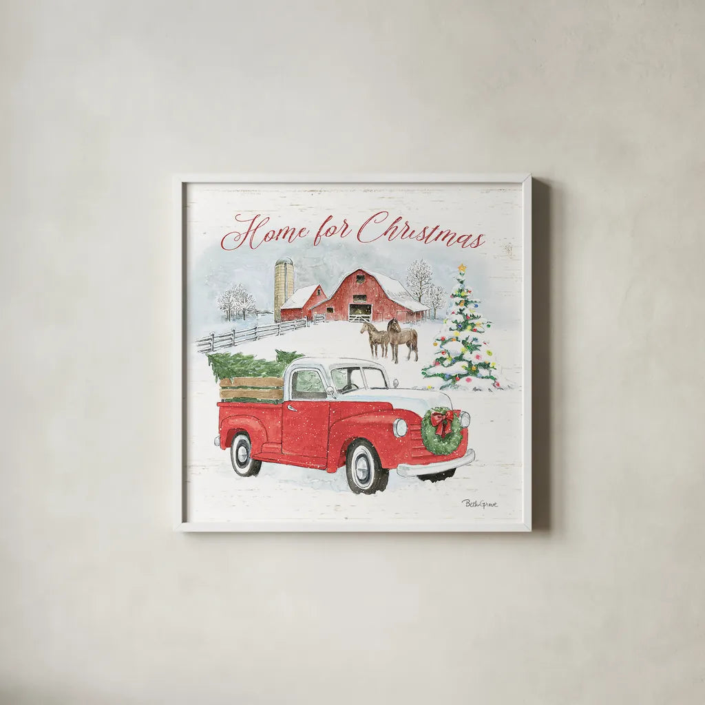 Farmhouse Holidays VII by Beth Grove. Shown in a crisp white glass frame for a clean and minimalist style. Available as an archival giclee rolled canvas, fine art paper, or poster print. SKU 45573a.