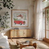 Farmhouse Holidays VII by Beth Grove. Shown in a natural wood frame in a cozy modern living room. Available as an archival giclee rolled canvas, fine art paper, or poster print. SKU 45573a.