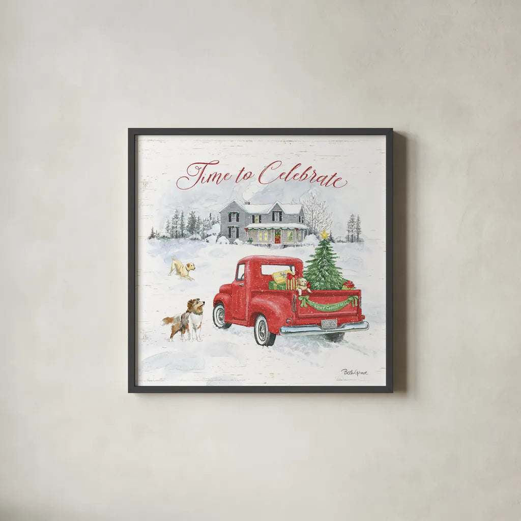 Farmhouse Holidays VIII by Beth Grove. Shown in a sleek black glass frame for a contemporary gallery look. Available as an archival giclee rolled canvas, fine art paper, or poster print. SKU 45574a.