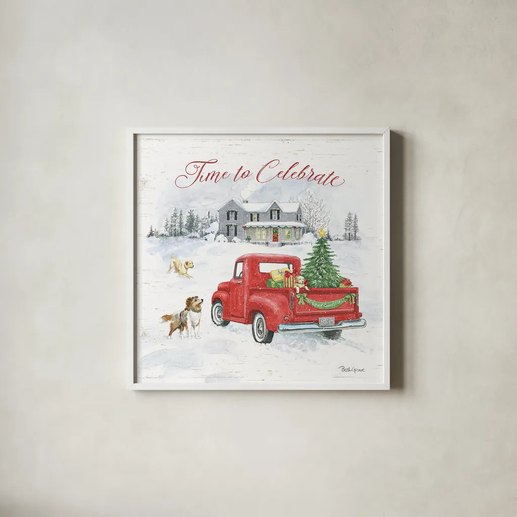 Farmhouse Holidays VIII by Beth Grove. Shown in a crisp white glass frame for a clean and minimalist style. Available as an archival giclee rolled canvas, fine art paper, or poster print. SKU 45574a.