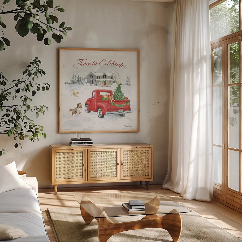 Farmhouse Holidays VIII by Beth Grove. Shown in a natural wood frame in a cozy modern living room. Available as an archival giclee rolled canvas, fine art paper, or poster print. SKU 45574a.