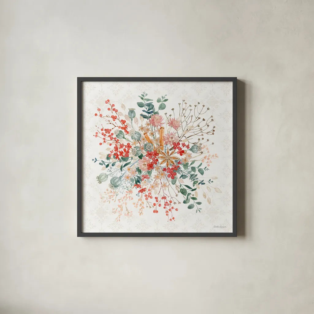 Festive Season II by Beth Grove. Shown in a sleek black glass frame for a contemporary gallery look. Available as an archival giclee rolled canvas, fine art paper, or poster print. SKU 72311a.