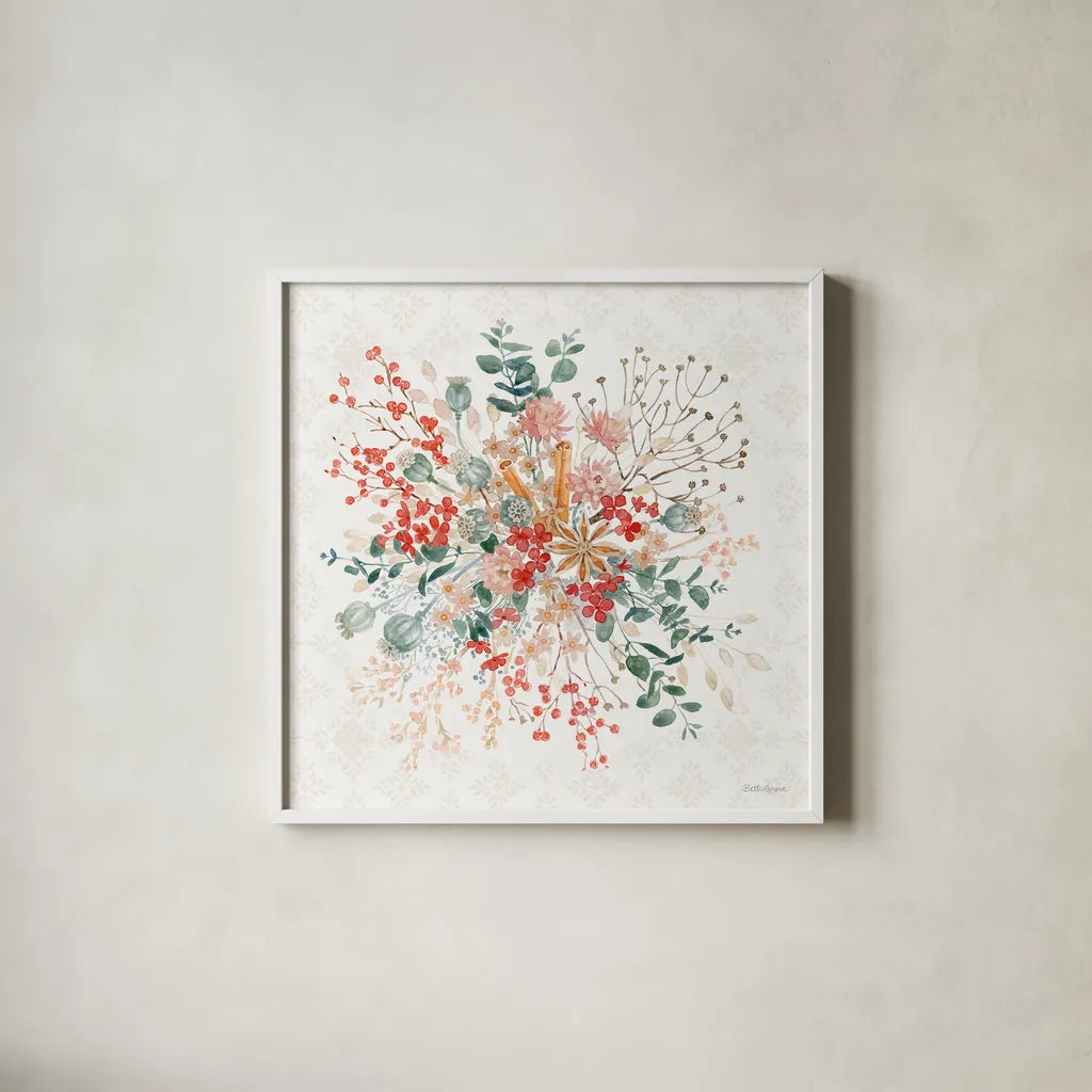 Festive Season II by Beth Grove. Shown in a crisp white glass frame for a clean and minimalist style. Available as an archival giclee rolled canvas, fine art paper, or poster print. SKU 72311a.