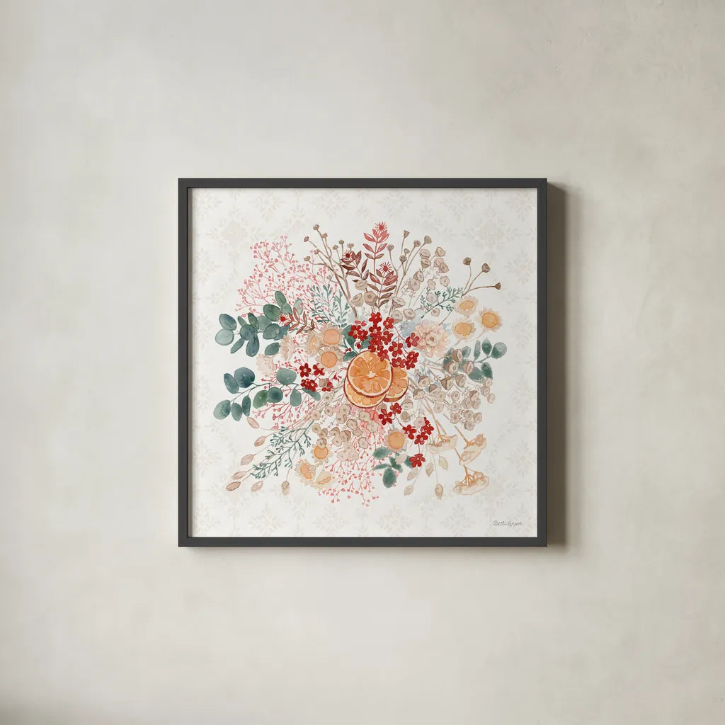 Festive Season III by Beth Grove. Shown in a sleek black glass frame for a contemporary gallery look. Available as an archival giclee rolled canvas, fine art paper, or poster print. SKU 72312a.