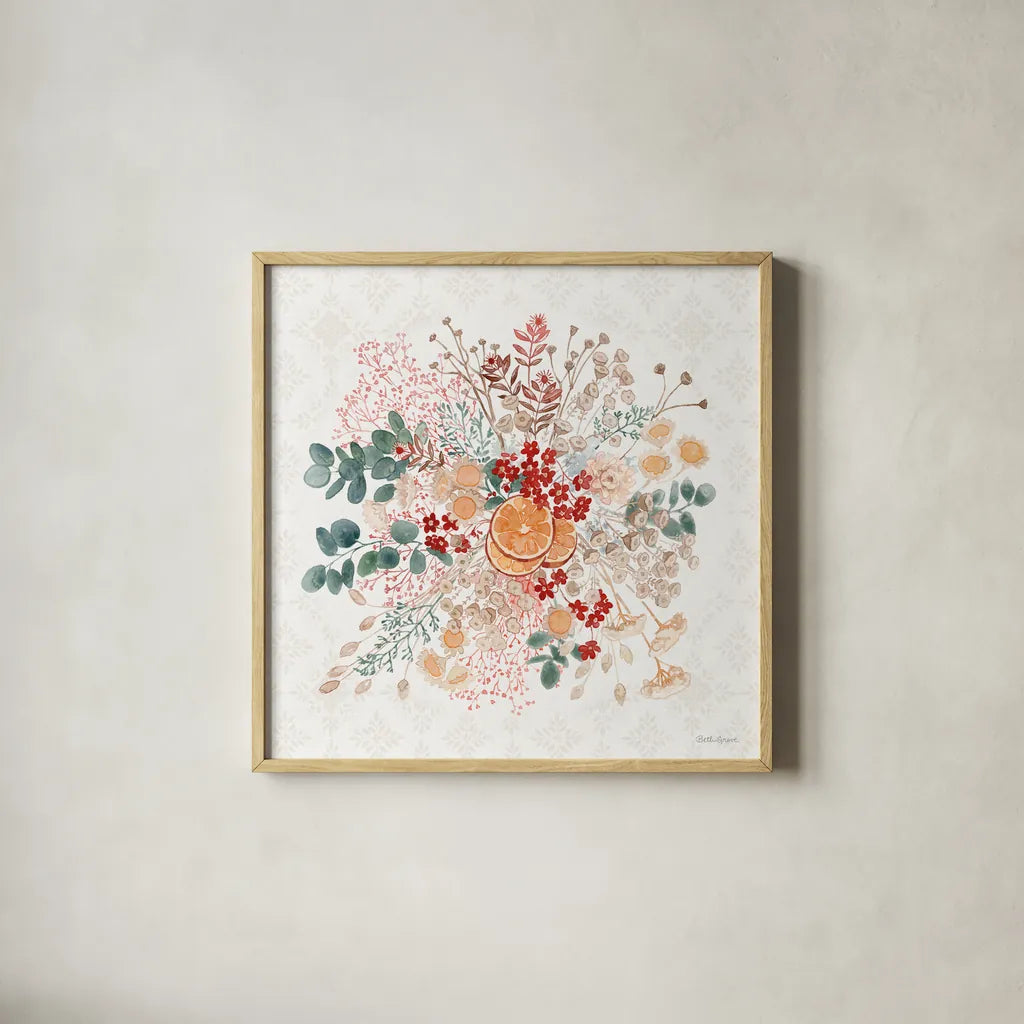 Festive Season III by Beth Grove. Shown in a natural wood glass frame for a timeless modern aesthetic. Available as an archival giclee rolled canvas, fine art paper, or poster print. SKU 72312a.