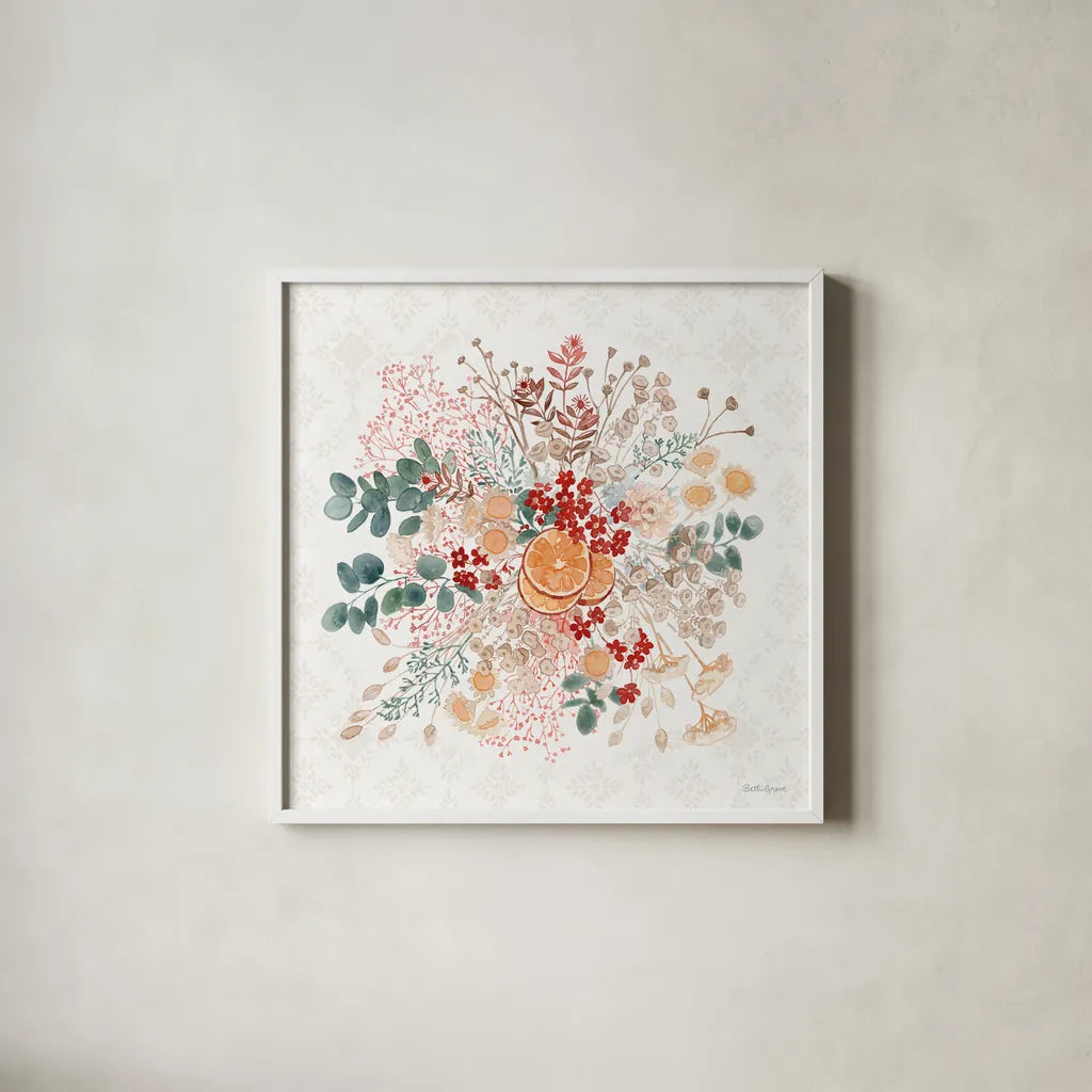 Festive Season III by Beth Grove. Shown in a crisp white glass frame for a clean and minimalist style. Available as an archival giclee rolled canvas, fine art paper, or poster print. SKU 72312a.