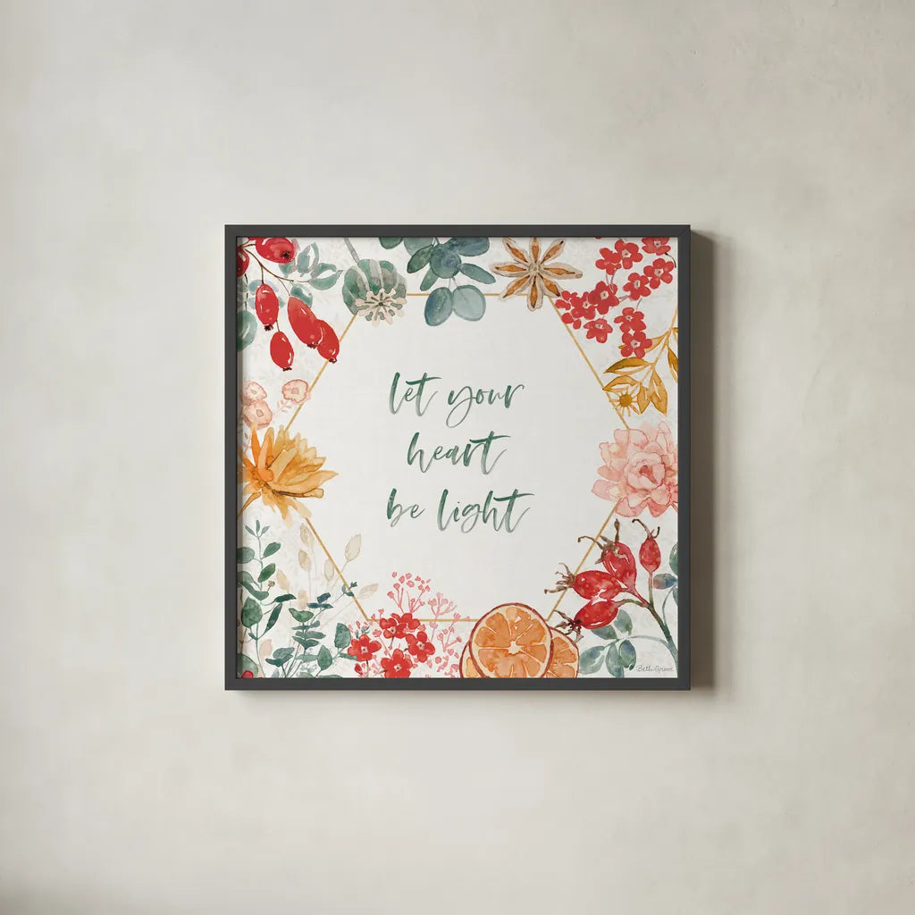 Festive Season IV by Beth Grove. Shown in a sleek black glass frame for a contemporary gallery look. Available as an archival giclee rolled canvas, fine art paper, or poster print. SKU 72313a.