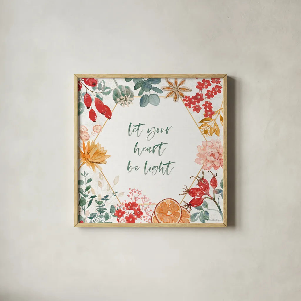 Festive Season IV by Beth Grove. Shown in a natural wood glass frame for a timeless modern aesthetic. Available as an archival giclee rolled canvas, fine art paper, or poster print. SKU 72313a.