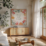 Festive Season IV by Beth Grove. Shown in a natural wood frame in a cozy modern living room. Available as an archival giclee rolled canvas, fine art paper, or poster print. SKU 72313a.