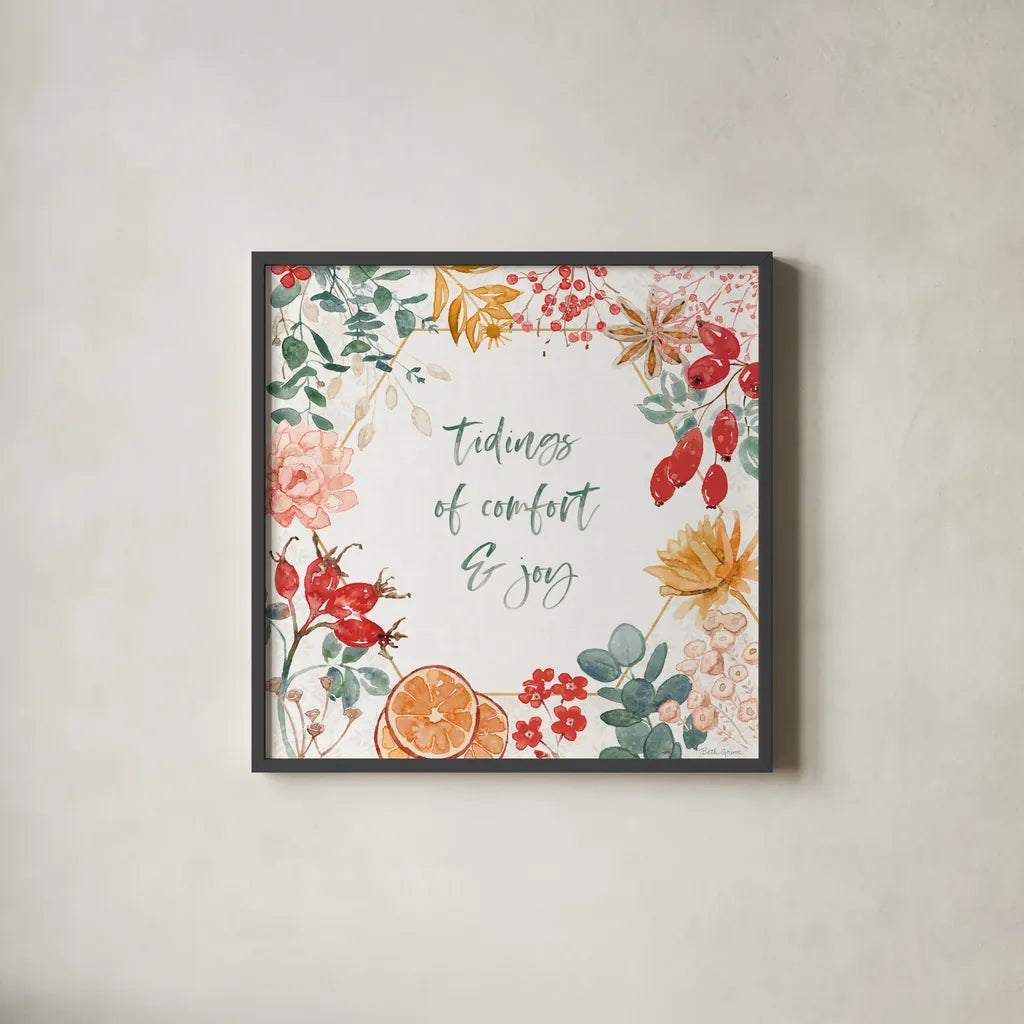 Festive Season V by Beth Grove. Shown in a sleek black glass frame for a contemporary gallery look. Available as an archival giclee rolled canvas, fine art paper, or poster print. SKU 72314a.