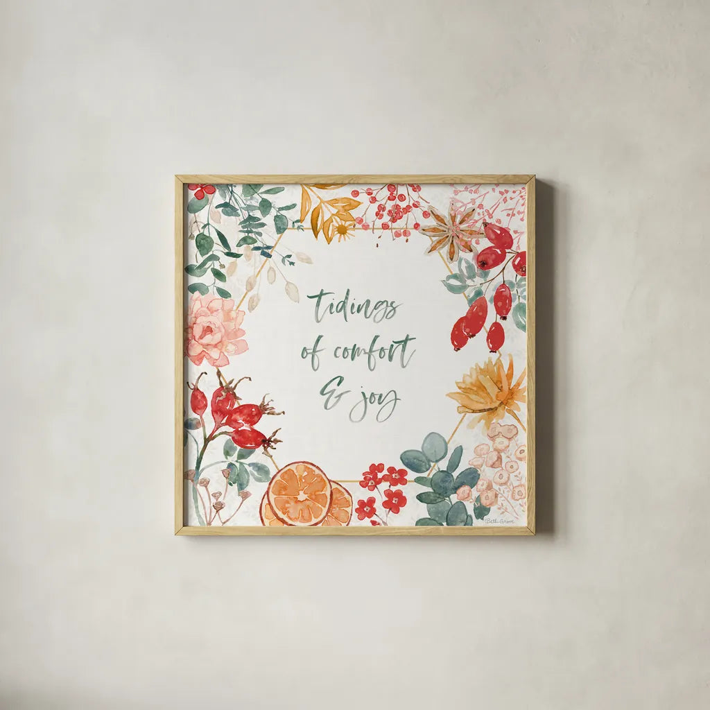 Festive Season V by Beth Grove. Shown in a natural wood glass frame for a timeless modern aesthetic. Available as an archival giclee rolled canvas, fine art paper, or poster print. SKU 72314a.