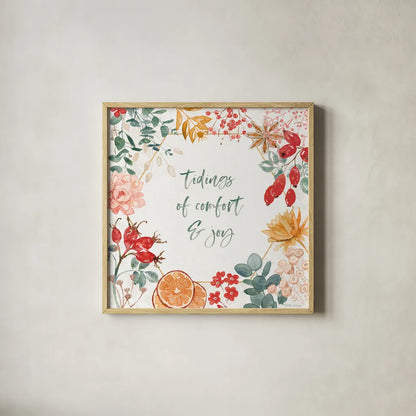 Festive Season V by Beth Grove. Shown in a natural wood glass frame for a timeless modern aesthetic. Available as an archival giclee rolled canvas, fine art paper, or poster print. SKU 72314a.