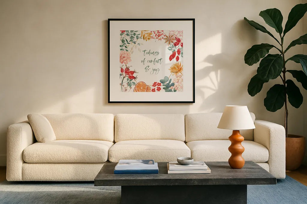 Festive Season V by Beth Grove. Displayed in a glass frame with matte in a clean modern living room. Available as an archival giclee rolled canvas, fine art paper, or poster print. SKU 72314a.