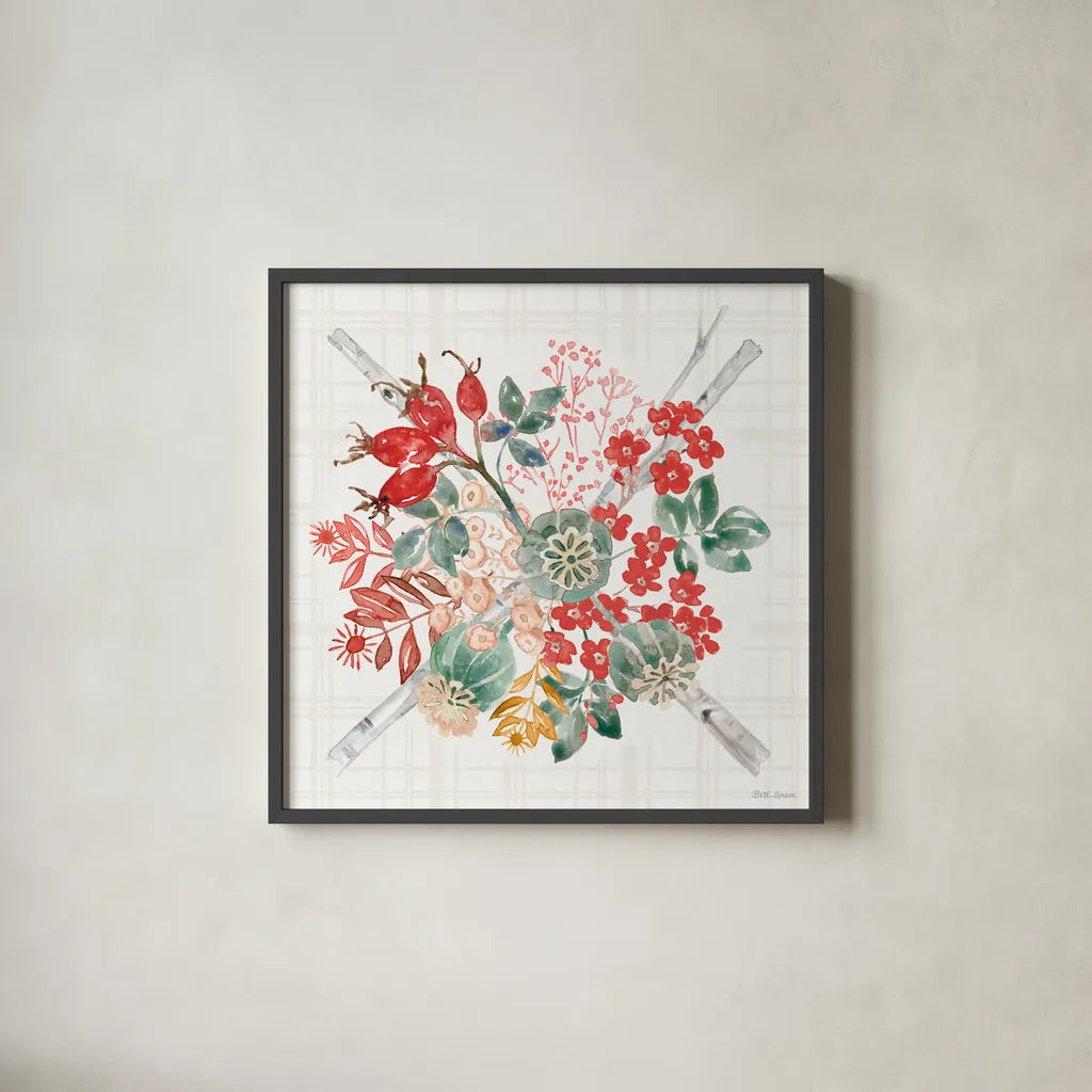 Festive Season VI by Beth Grove. Shown in a sleek black glass frame for a contemporary gallery look. Available as an archival giclee rolled canvas, fine art paper, or poster print. SKU 72315a.