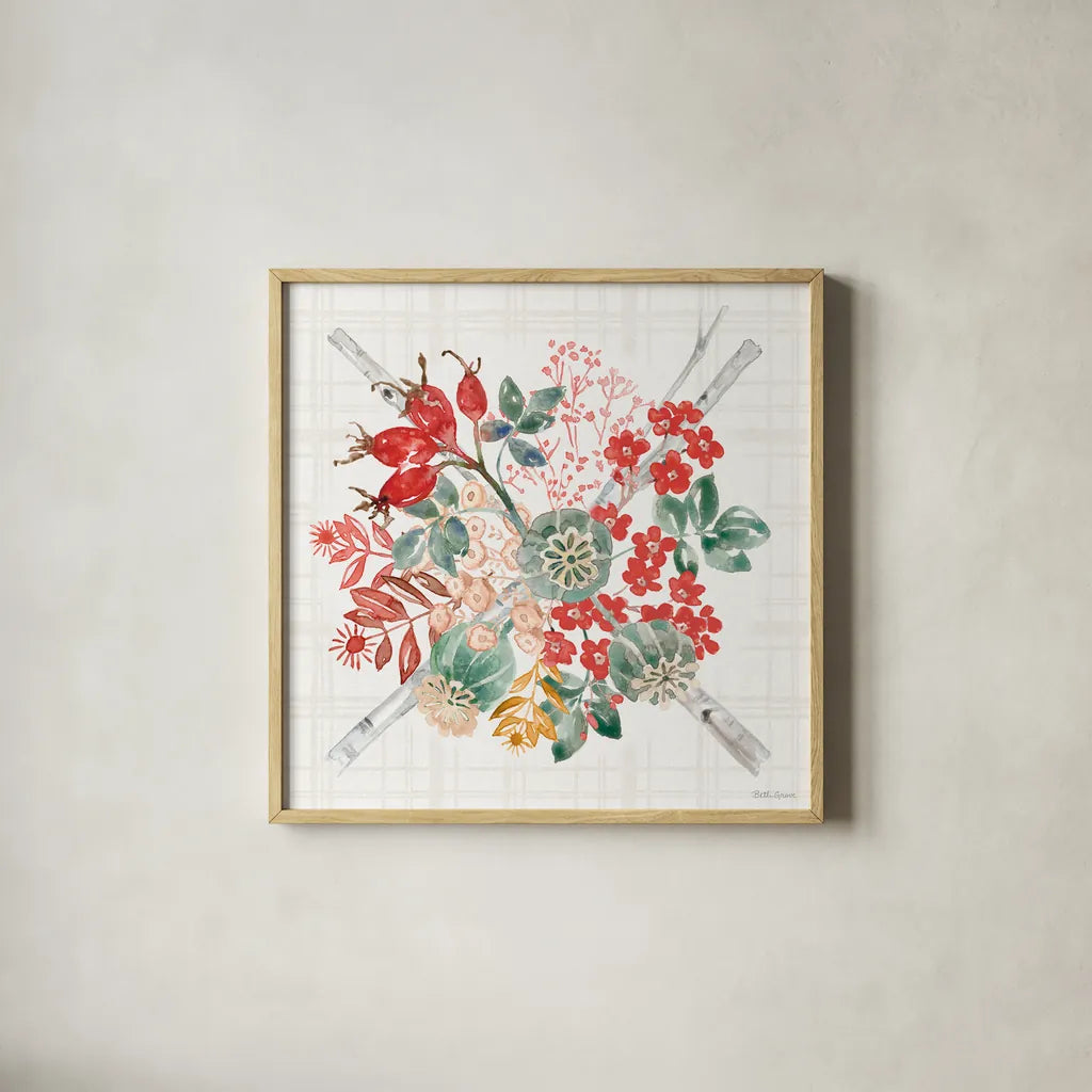 Festive Season VI by Beth Grove. Shown in a natural wood glass frame for a timeless modern aesthetic. Available as an archival giclee rolled canvas, fine art paper, or poster print. SKU 72315a.