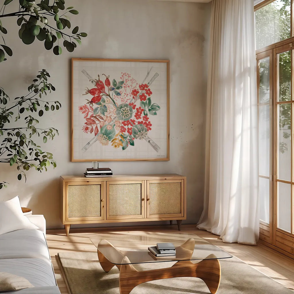 Festive Season VI by Beth Grove. Shown in a natural wood frame in a cozy modern living room. Available as an archival giclee rolled canvas, fine art paper, or poster print. SKU 72315a.