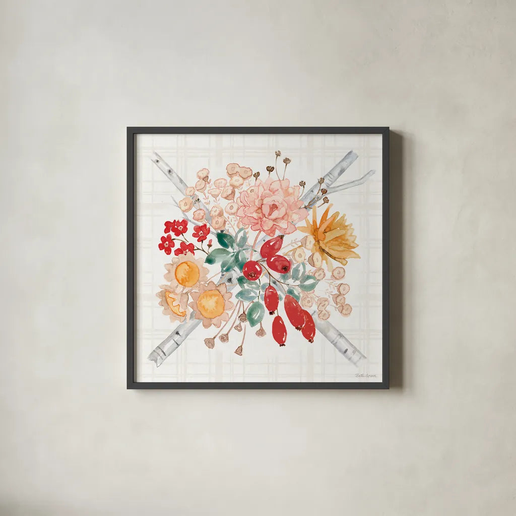 Festive Season VII by Beth Grove. Shown in a sleek black glass frame for a contemporary gallery look. Available as an archival giclee rolled canvas, fine art paper, or poster print. SKU 72316a.