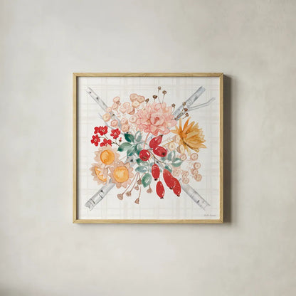 Festive Season VII by Beth Grove. Shown in a natural wood glass frame for a timeless modern aesthetic. Available as an archival giclee rolled canvas, fine art paper, or poster print. SKU 72316a.