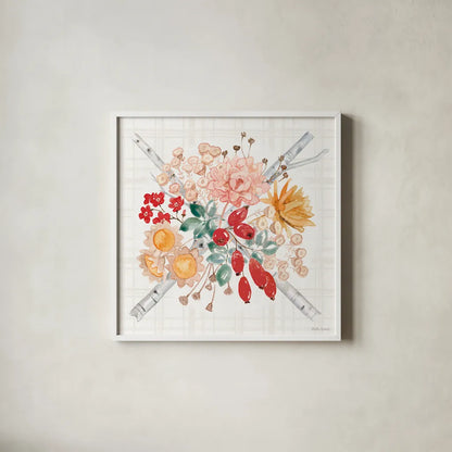 Festive Season VII by Beth Grove. Shown in a crisp white glass frame for a clean and minimalist style. Available as an archival giclee rolled canvas, fine art paper, or poster print. SKU 72316a.