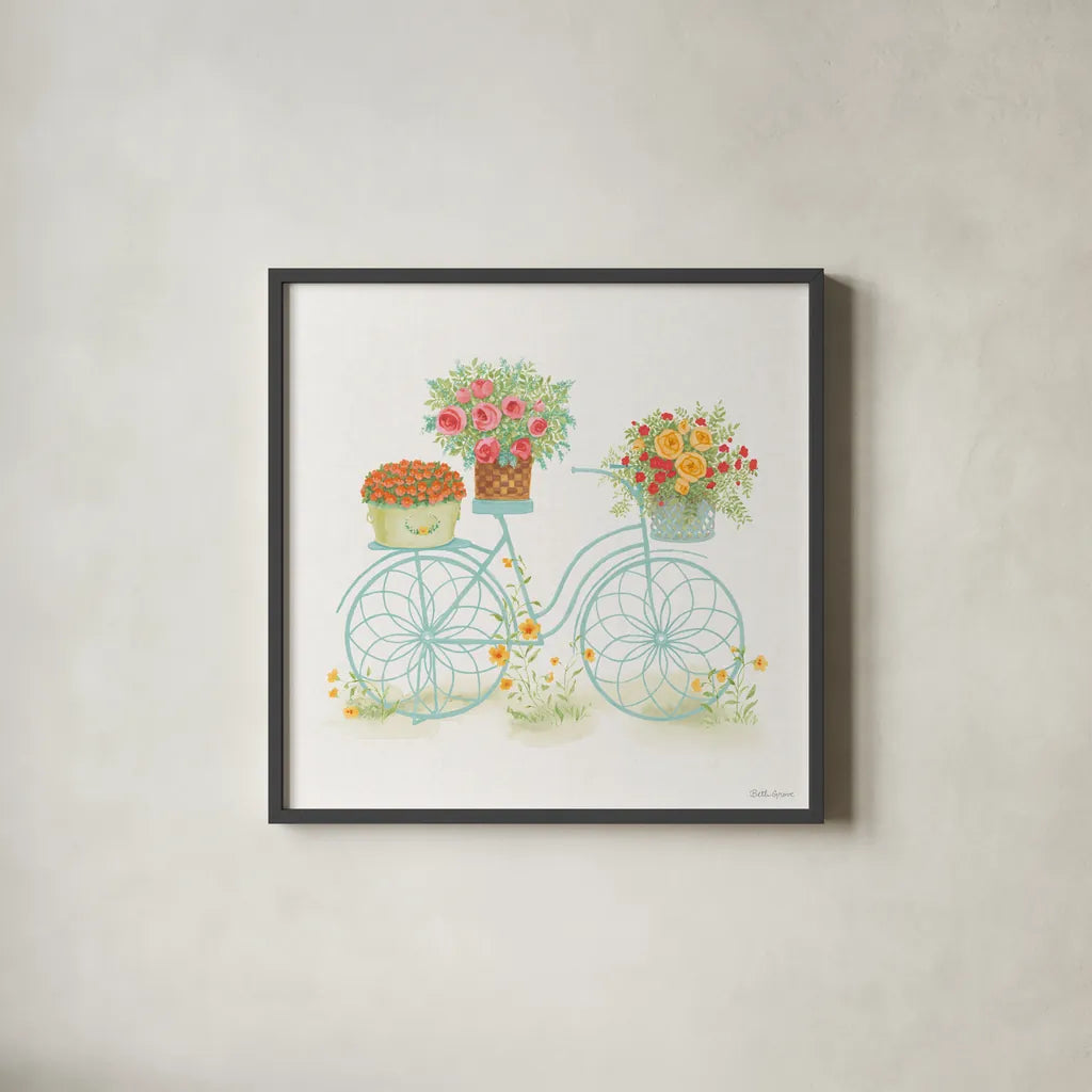 Flea Market Flowers I by Beth Grove. Shown in a sleek black glass frame for a contemporary gallery look. Available as an archival giclee rolled canvas, fine art paper, or poster print. SKU 98890a.