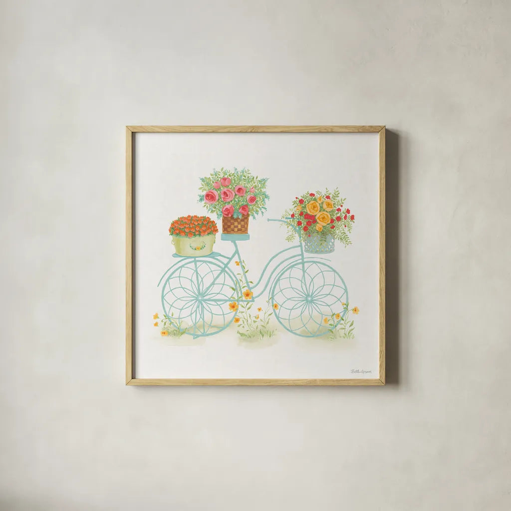 Flea Market Flowers I by Beth Grove. Shown in a natural wood glass frame for a timeless modern aesthetic. Available as an archival giclee rolled canvas, fine art paper, or poster print. SKU 98890a.