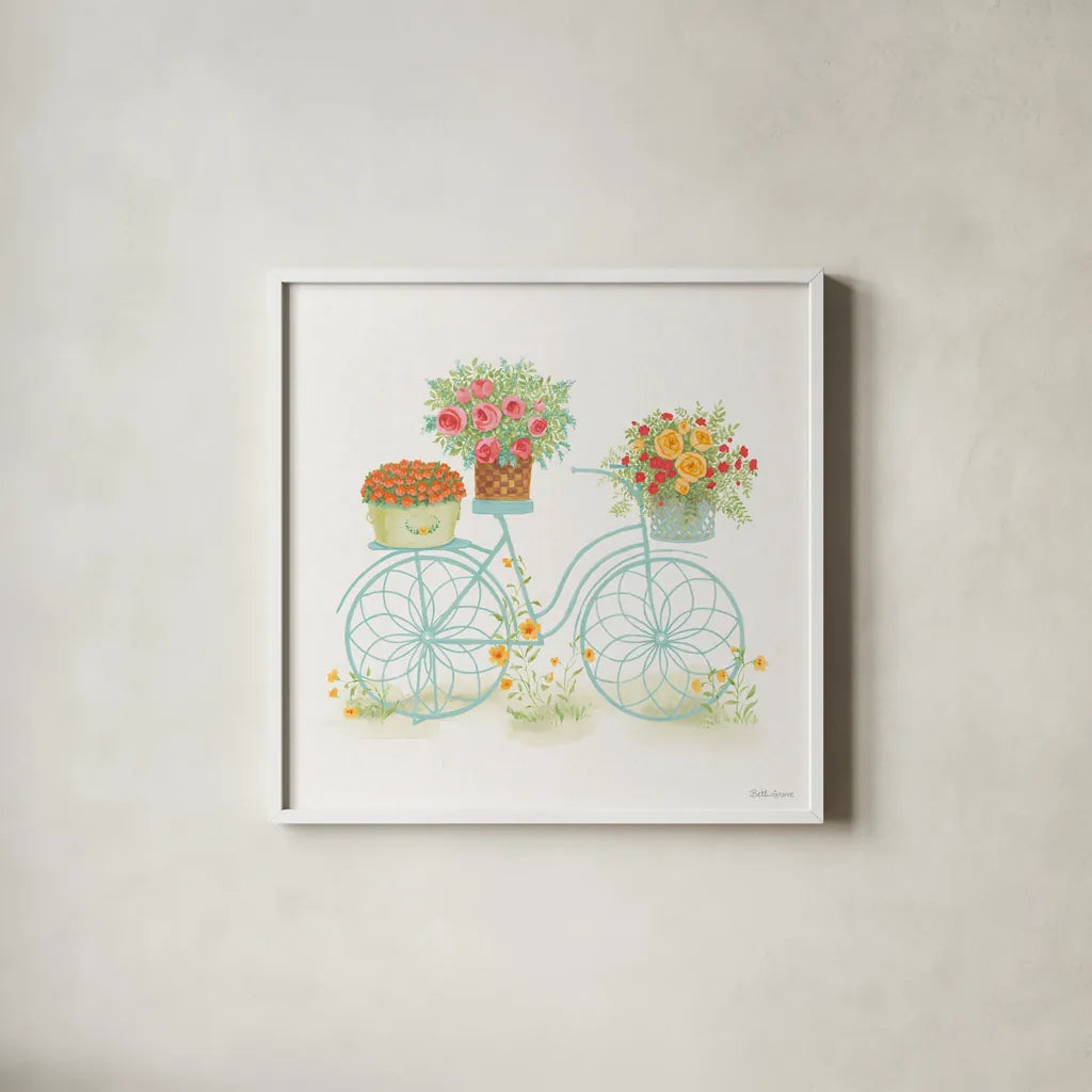 Flea Market Flowers I by Beth Grove. Shown in a crisp white glass frame for a clean and minimalist style. Available as an archival giclee rolled canvas, fine art paper, or poster print. SKU 98890a.