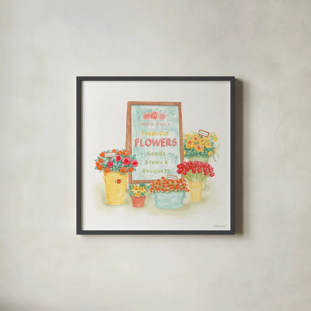 Flea Market Flowers II by Beth Grove. Shown in a sleek black glass frame for a contemporary gallery look. Available as an archival giclee rolled canvas, fine art paper, or poster print. SKU 98891a.
