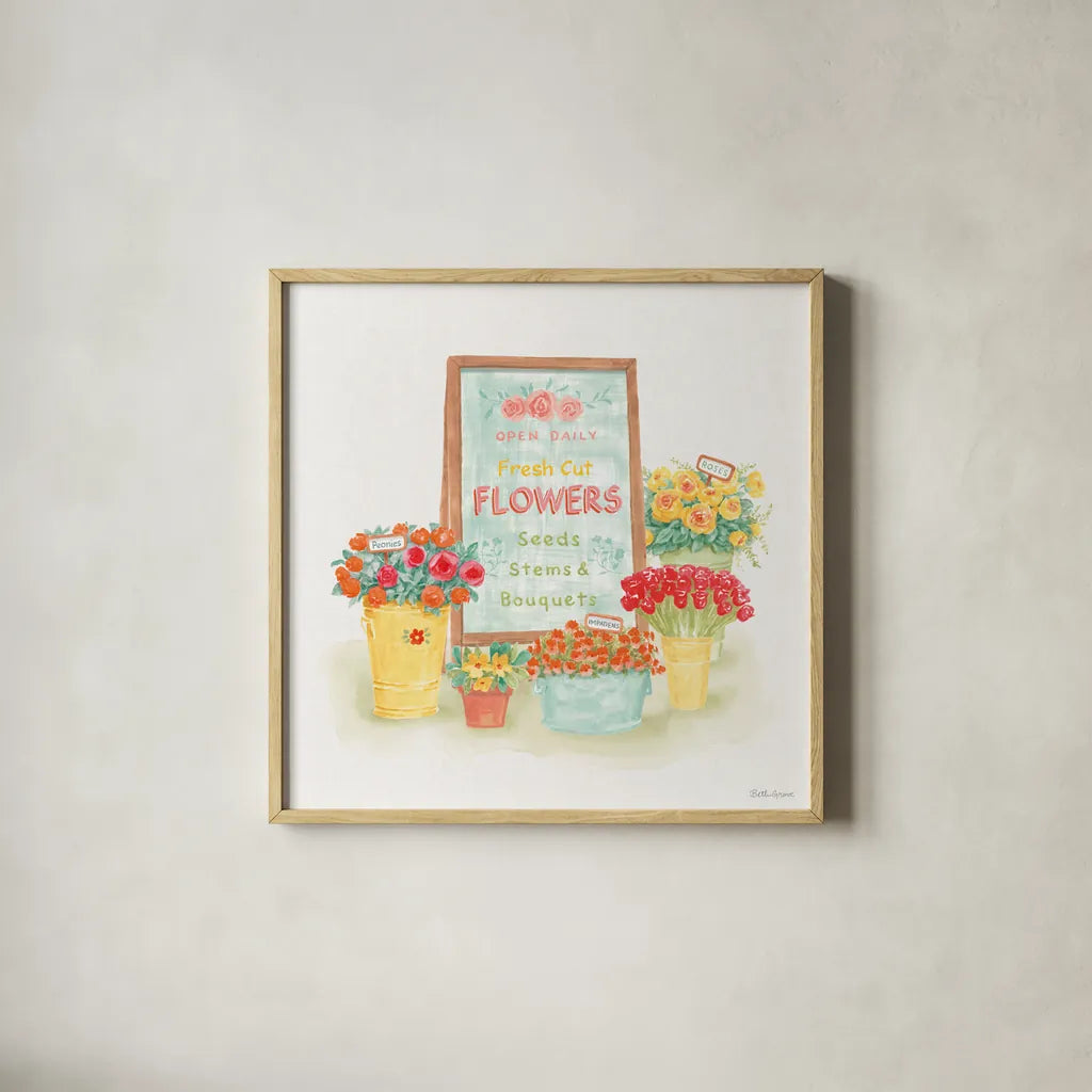 Flea Market Flowers II by Beth Grove. Shown in a natural wood glass frame for a timeless modern aesthetic. Available as an archival giclee rolled canvas, fine art paper, or poster print. SKU 98891a.