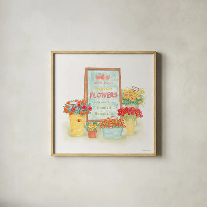 Flea Market Flowers II by Beth Grove. Shown in a natural wood glass frame for a timeless modern aesthetic. Available as an archival giclee rolled canvas, fine art paper, or poster print. SKU 98891a.