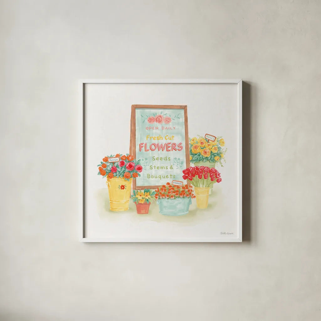 Flea Market Flowers II by Beth Grove. Shown in a crisp white glass frame for a clean and minimalist style. Available as an archival giclee rolled canvas, fine art paper, or poster print. SKU 98891a.