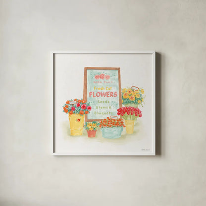 Flea Market Flowers II by Beth Grove. Shown in a crisp white glass frame for a clean and minimalist style. Available as an archival giclee rolled canvas, fine art paper, or poster print. SKU 98891a.