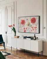 Flora Toile I by Beth Grove. shown as a framed stretched canvas in a living room above a console. Available as a archival giclee rolled canvas, fine art paper, or poster print. SKU 92947i.