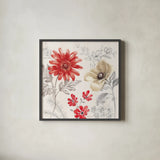 Flora Toile II by Beth Grove. Shown in a sleek black glass frame for a contemporary gallery look. Available as an archival giclee rolled canvas, fine art paper, or poster print. SKU 92949a.