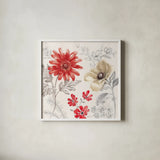 Flora Toile II by Beth Grove. Shown in a crisp white glass frame for a clean and minimalist style. Available as an archival giclee rolled canvas, fine art paper, or poster print. SKU 92949a.