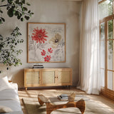 Flora Toile II by Beth Grove. Shown in a natural wood frame in a cozy modern living room. Available as an archival giclee rolled canvas, fine art paper, or poster print. SKU 92949a.