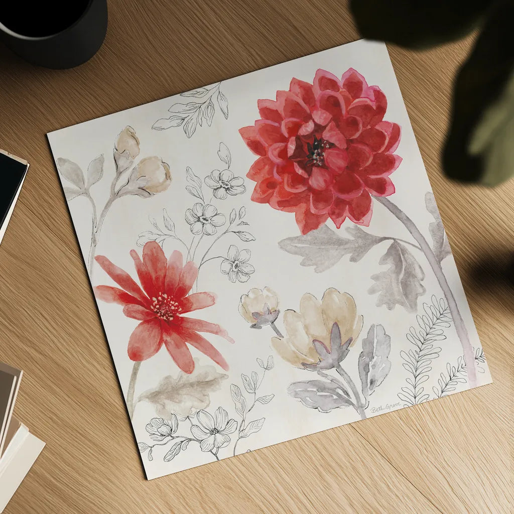 Flora Toile III by Beth Grove. Shown as a detailed flat fine art print, highlighting archival giclee quality. Available as an archival giclee rolled canvas, fine art paper, or poster print. SKU 92950a.