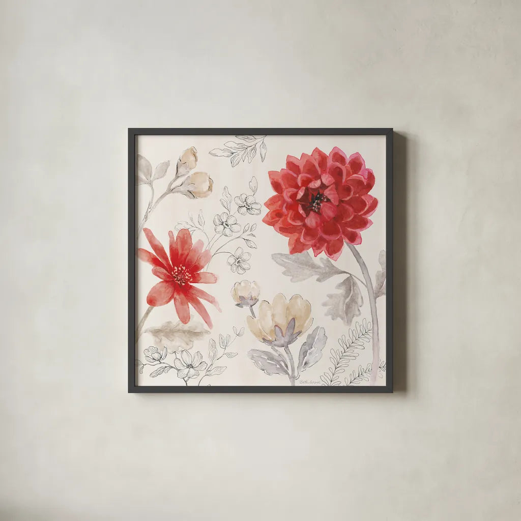 Flora Toile III by Beth Grove. Shown in a sleek black glass frame for a contemporary gallery look. Available as an archival giclee rolled canvas, fine art paper, or poster print. SKU 92950a.