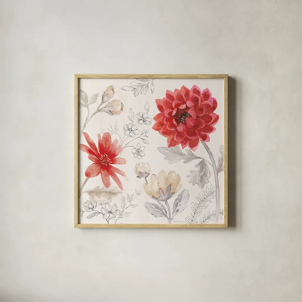 Flora Toile III by Beth Grove. Shown in a natural wood glass frame for a timeless modern aesthetic. Available as an archival giclee rolled canvas, fine art paper, or poster print. SKU 92950a.