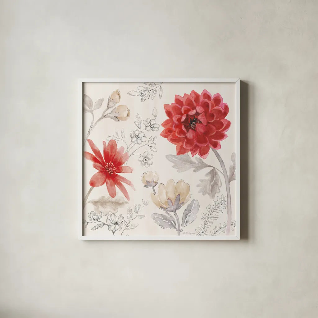 Flora Toile III by Beth Grove. Shown in a crisp white glass frame for a clean and minimalist style. Available as an archival giclee rolled canvas, fine art paper, or poster print. SKU 92950a.