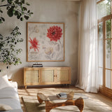 Flora Toile III by Beth Grove. Shown in a natural wood frame in a cozy modern living room. Available as an archival giclee rolled canvas, fine art paper, or poster print. SKU 92950a.