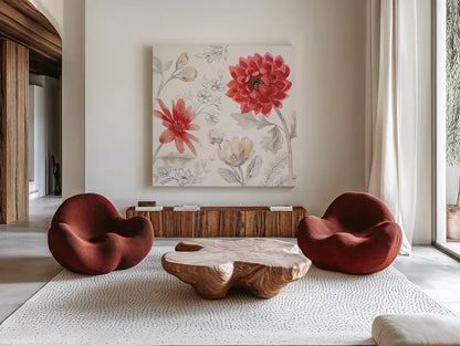 Flora Toile III by Beth Grove. Shown as extra-large giant wall art in a modern living room. Available as an archival giclee rolled canvas, fine art paper, or poster print. SKU 92950a.
