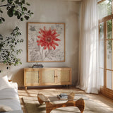 Flora Toile IV by Beth Grove. Shown in a natural wood frame in a cozy modern living room. Available as an archival giclee rolled canvas, fine art paper, or poster print. SKU 92951a.
