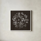 Flora Toile IX Dark by Beth Grove. Shown in a crisp white glass frame for a clean and minimalist style. Available as an archival giclee rolled canvas, fine art paper, or poster print. SKU 92958a.