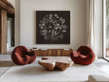 Flora Toile IX Dark by Beth Grove. Shown as extra-large giant wall art in a modern living room. Available as an archival giclee rolled canvas, fine art paper, or poster print. SKU 92958a.