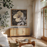 Flora Toile V by Beth Grove. Shown in a natural wood frame in a cozy modern living room. Available as an archival giclee rolled canvas, fine art paper, or poster print. SKU 92952a.