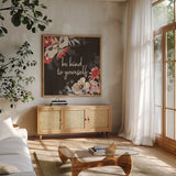 Flora Toile VI by Beth Grove. Shown in a natural wood frame in a cozy modern living room. Available as an archival giclee rolled canvas, fine art paper, or poster print. SKU 92953a.