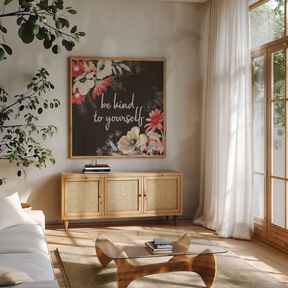 Flora Toile VI by Beth Grove. Shown in a natural wood frame in a cozy modern living room. Available as an archival giclee rolled canvas, fine art paper, or poster print. SKU 92953a.