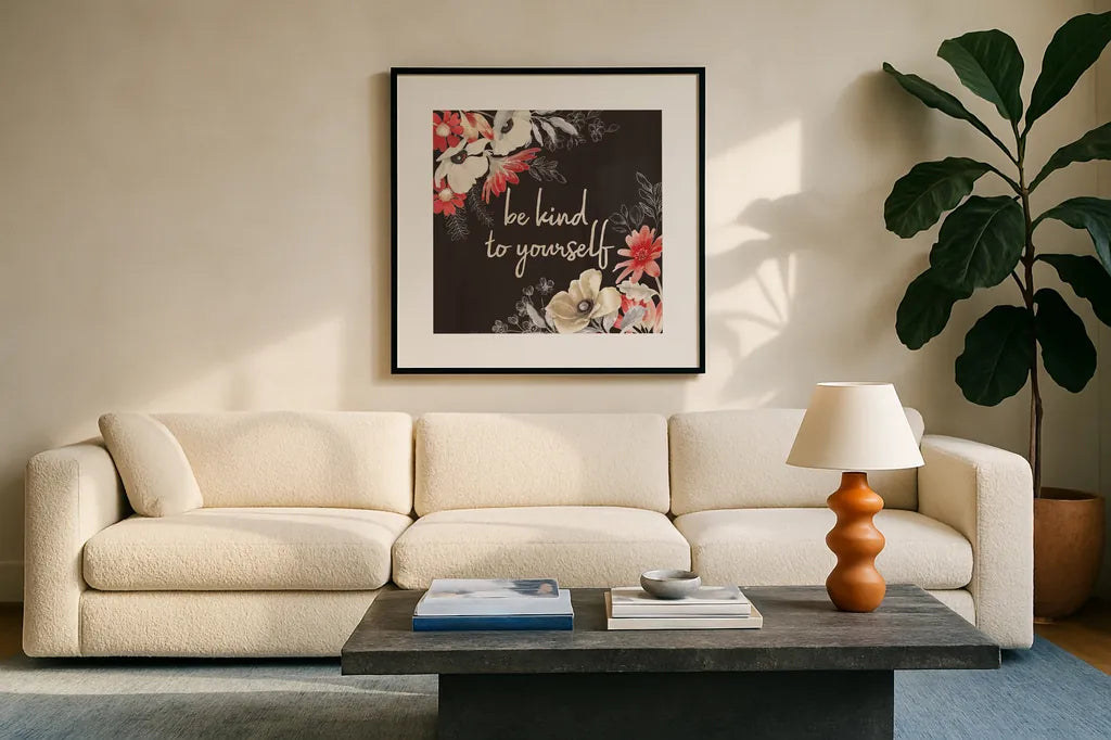 Flora Toile VI by Beth Grove. Displayed in a glass frame with matte in a clean modern living room. Available as an archival giclee rolled canvas, fine art paper, or poster print. SKU 92953a.