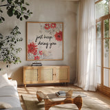 Flora Toile VII by Beth Grove. Shown in a natural wood frame in a cozy modern living room. Available as an archival giclee rolled canvas, fine art paper, or poster print. SKU 92954a.