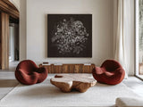 Flora Toile VIII Dark by Beth Grove. Shown as extra-large giant wall art in a modern living room. Available as an archival giclee rolled canvas, fine art paper, or poster print. SKU 92956a.